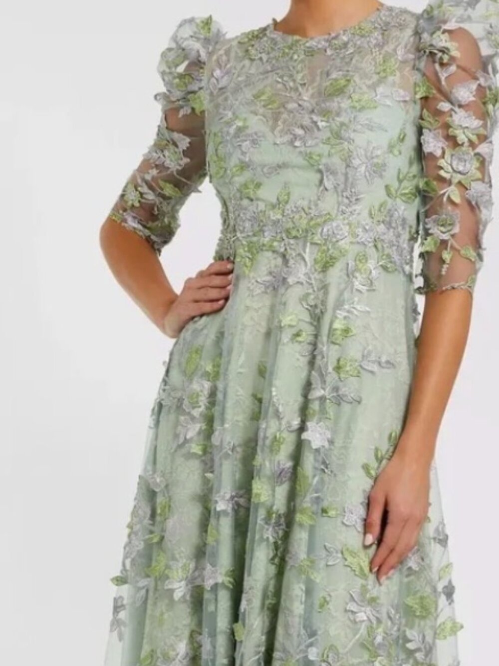 NWT Mac Duggal Green Applique High Neck Puff Sleeve A-line Dress. Size 14